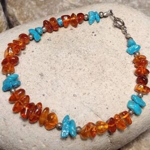 Baltic Amber Turquoise Stone Sterling Silver Bracelet